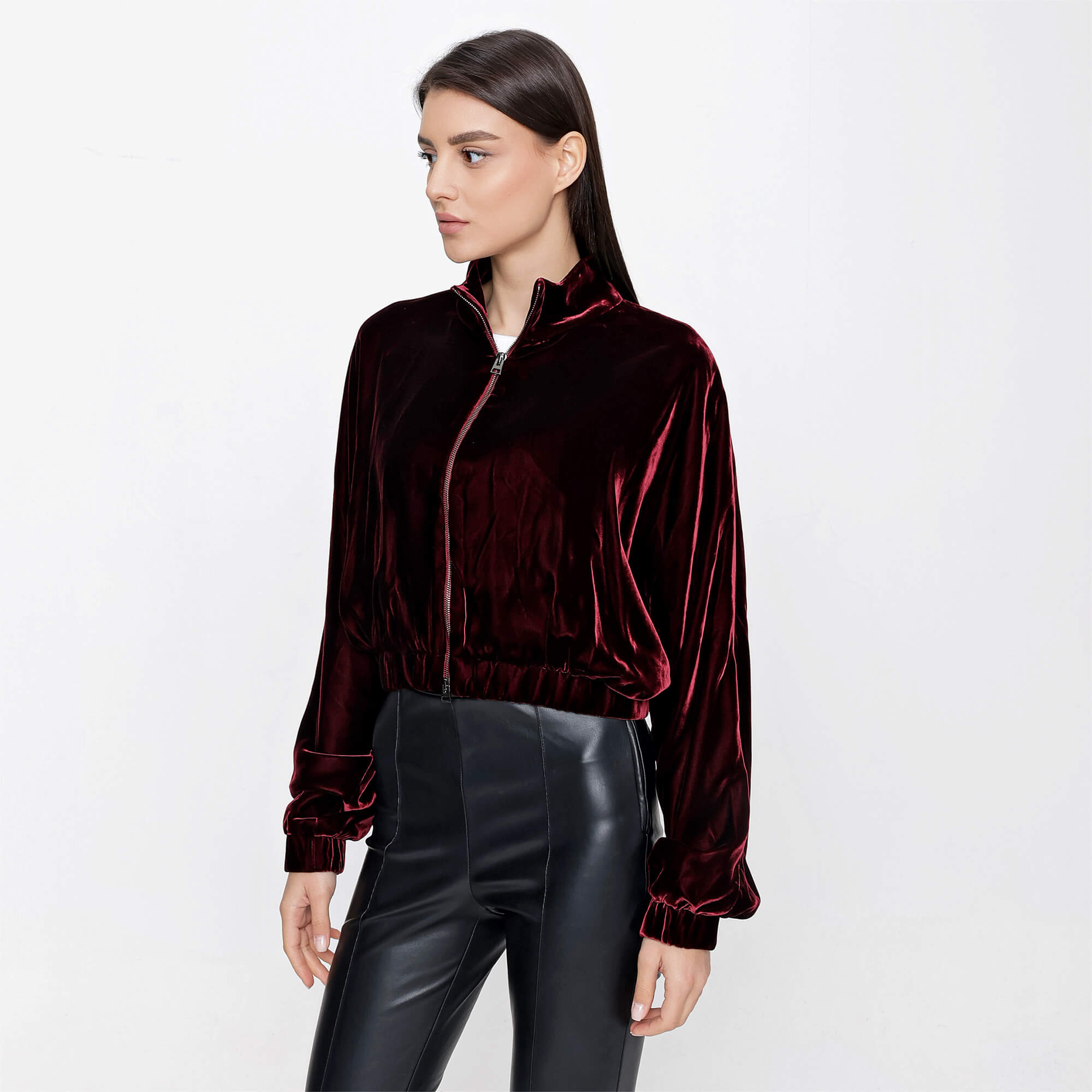 Tom Ford - Burgundy Velvet Stand Up Collar Zip Up Sweatshirt